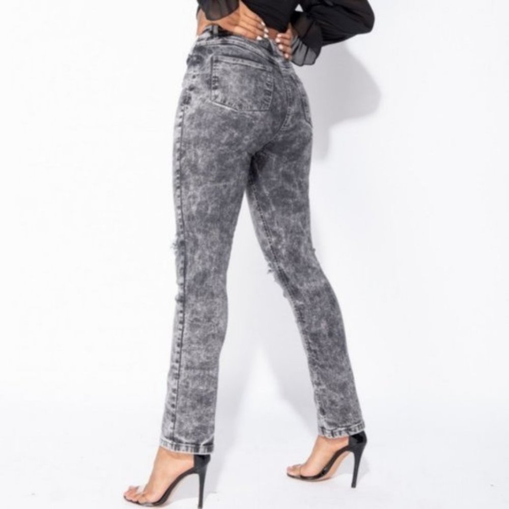 Gray Acid Wash High Waist Ripped Distressed Straight Leg Jeans Denim Pants - Picture 8 of 15